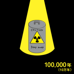 使用済み核燃料を詰め込んだ容器にスポットライトが照らされている